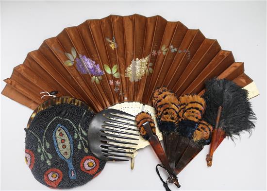 A 1940s beaded evening bag, two feather fans, tortoiseshell hair slide/comb and a silk fan